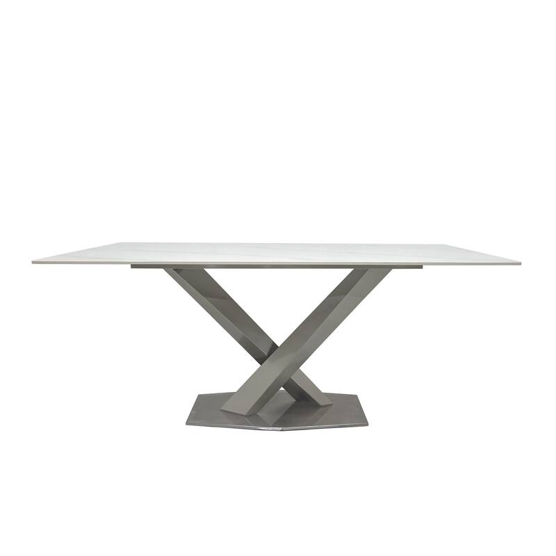 Dining Table with White Slate Marble Top and Matte Silver Base