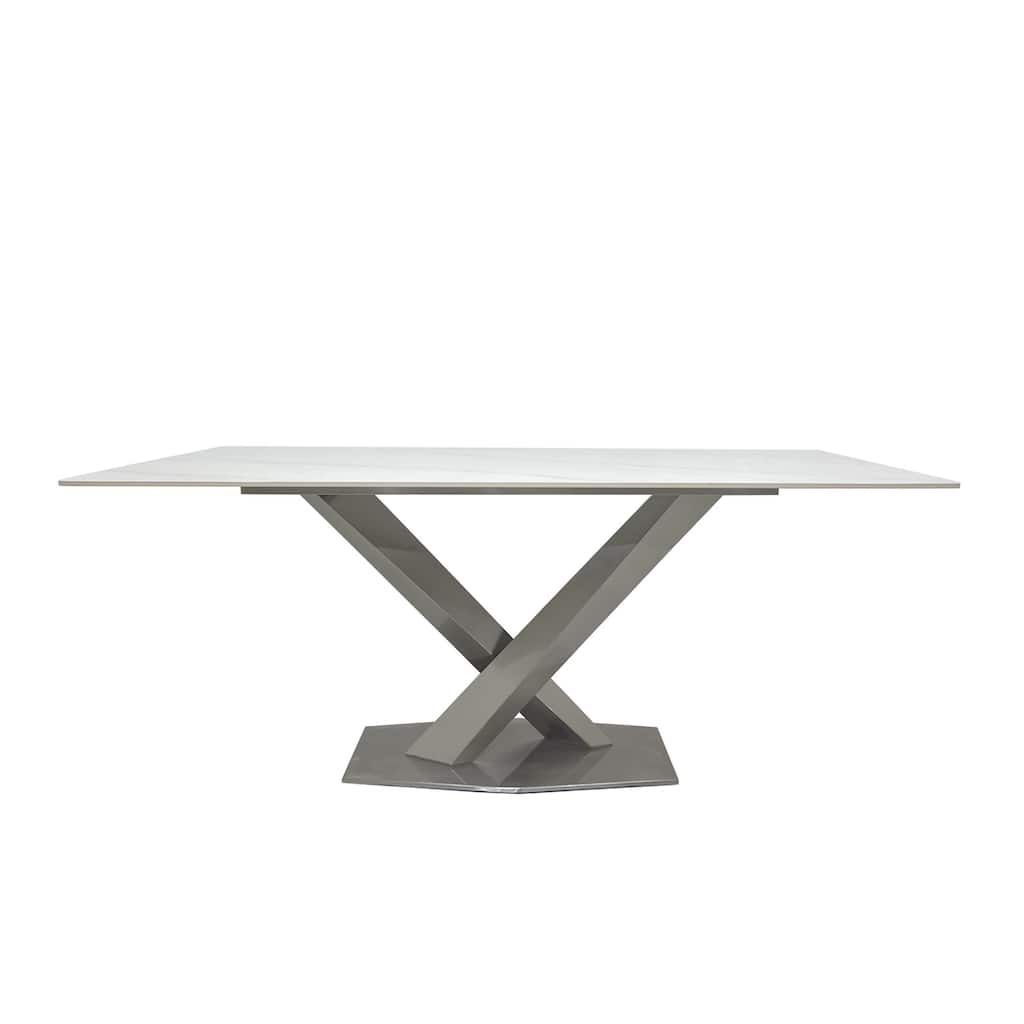 Dining Table with White Slate Marble Top and Matte Silver Base