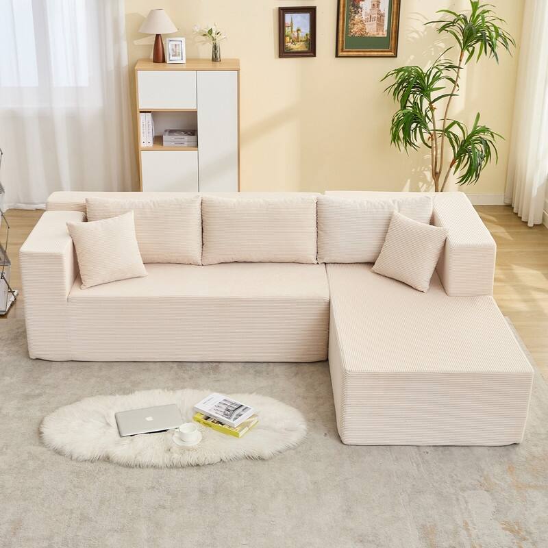Mixoy W106'' Modern 2-Piece Free Combination Corduroy Upholstered L-Shaped Modular Sectional Sofa with Right Chaise and Pillow