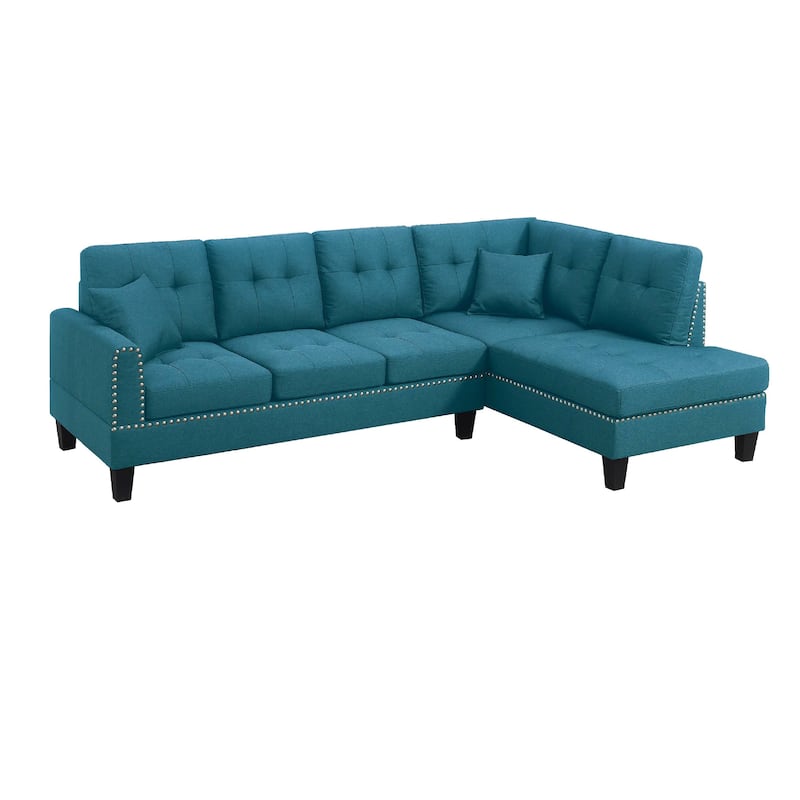 Ena 2pc Sectional Sofa Set with Chaise, 2 Pillows, Azure Green Linen