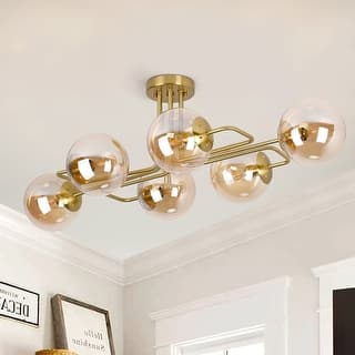 Mid - Century Modern 4/6- Light Chandelier, Brass Frame with Glass Globes