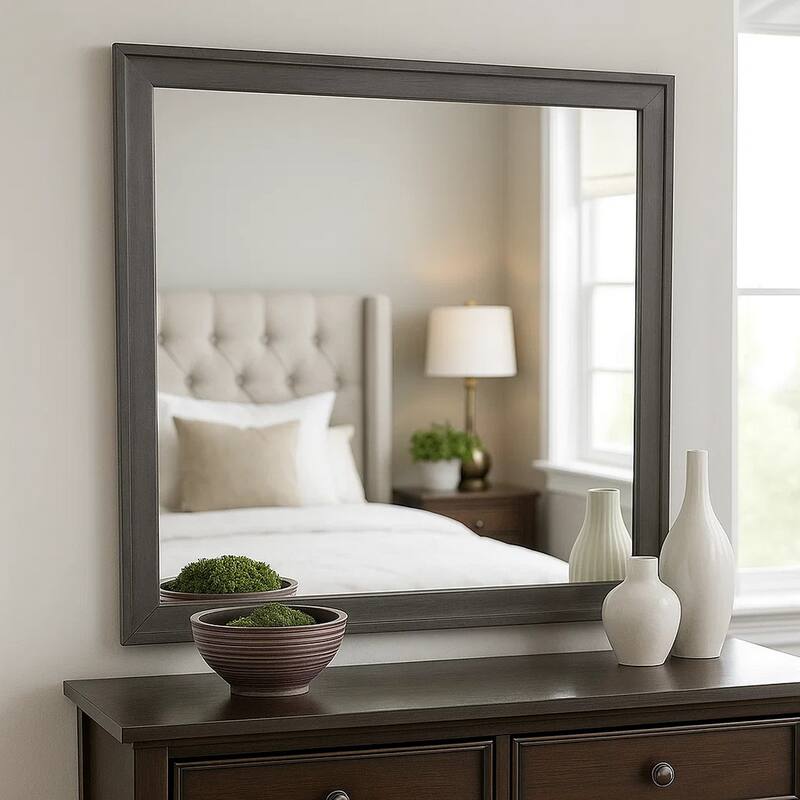 Dresser Mirror, Charcoal Gray Poplar Wood Frame, Square 40 Inch - Charcoal Gray