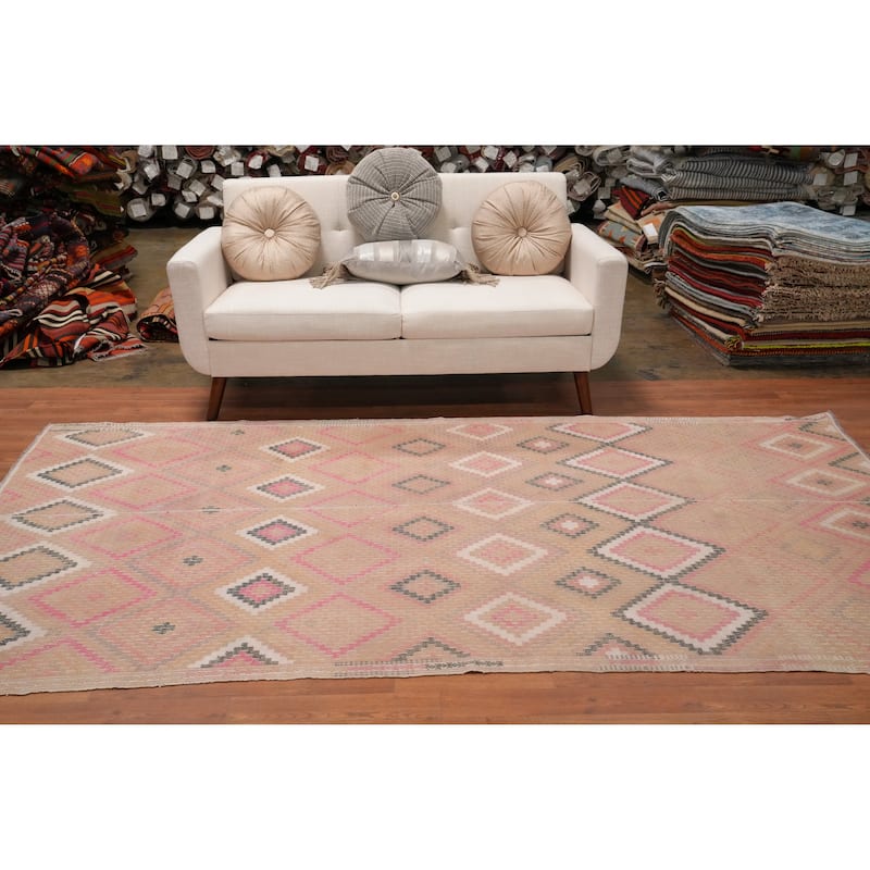 Hand Woven Oriental 100% Wool Carpet Southwestern Tribal Peach Kilim Area Rug - 9' 3'' X 5' 1''