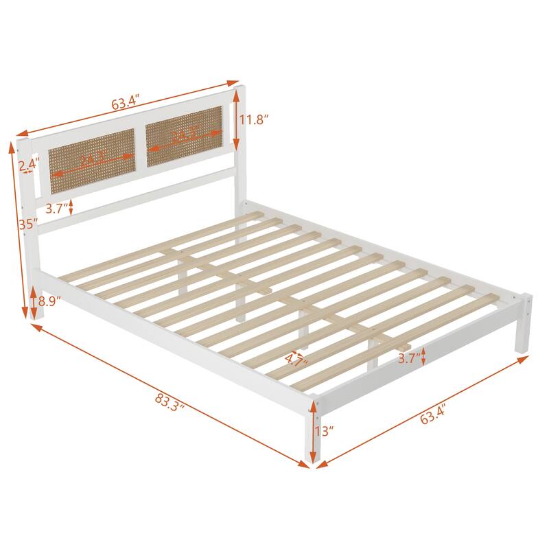 Natural Rattan Headboard Platform Bed - Queen/Full Size, Modern Minimalist Design, No Box Spring Required