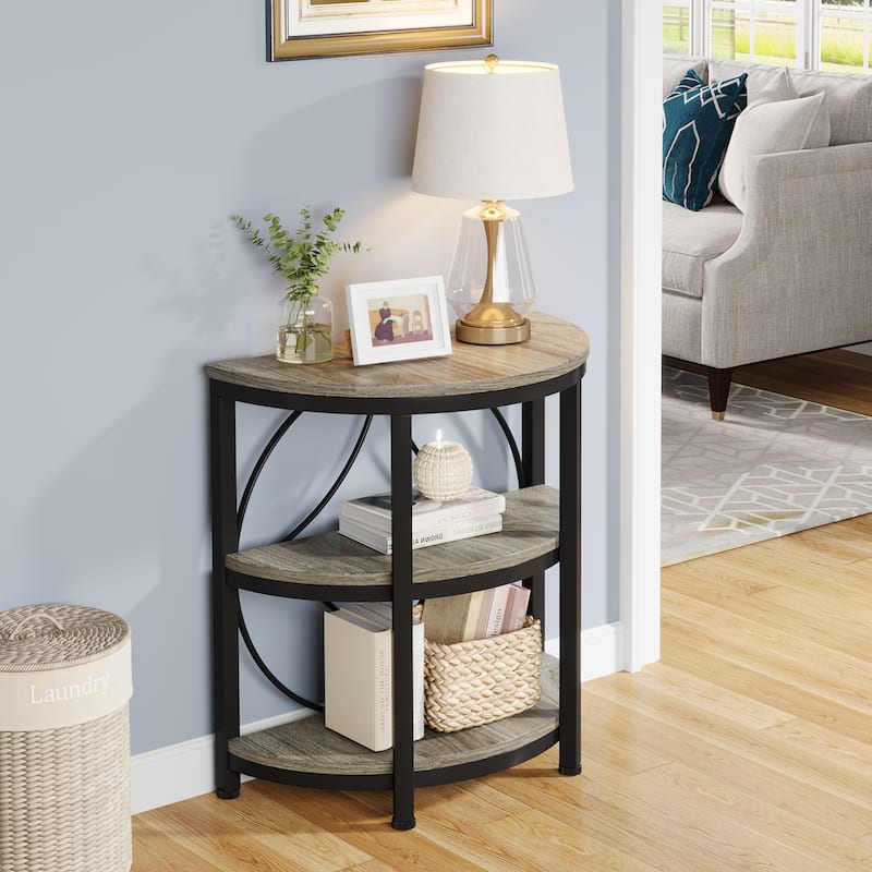 3-Tier Half Round End Table with Storage Shelves & Metal Frame