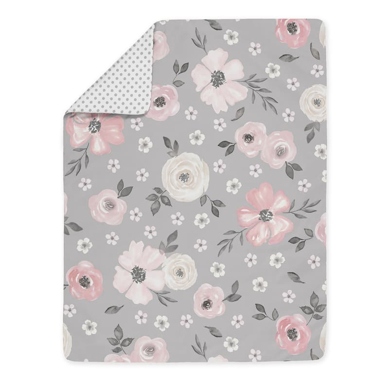 Grey Watercolor Floral Girl 5pc Toddler-size Comforter Set - Blush Pink Gray White Shabby Chic Rose Flower Polka Dot Farmhouse