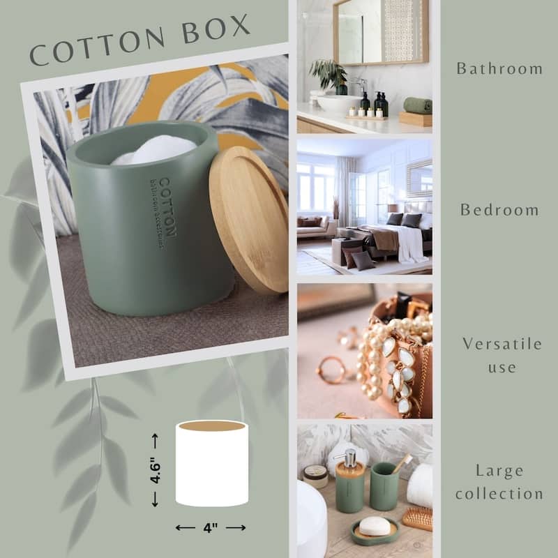 Sleek Cotton Pad Holder - Polyresin Bathroom Storage Container with Bamboo Lid - 4 L x 4 W x 4.6H