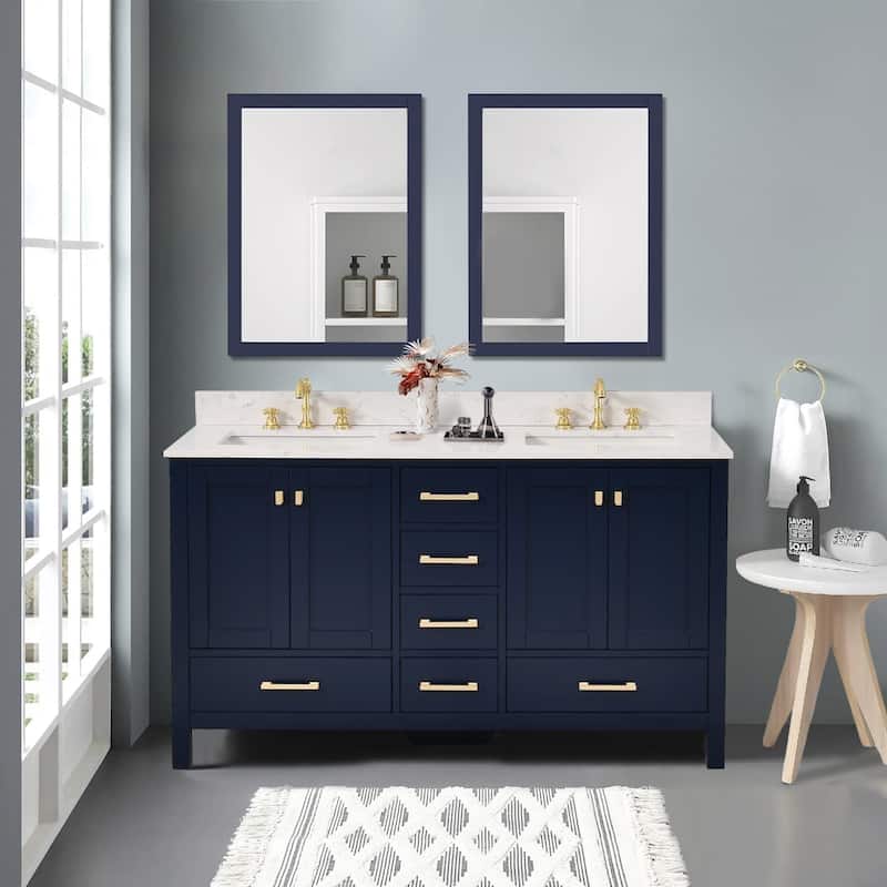 StarrySky 60 inch Undermount Double Sink Bathroom Vanity with Engineered Carrara Marble Top - Blue