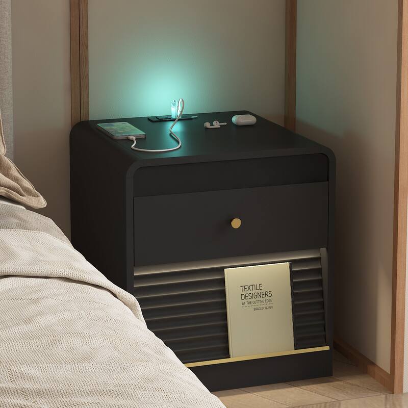 Nightstand with Charging Station, Smart Nightstand with Night Light,with Led Lights,Bedside Tables with Storage Cabinet