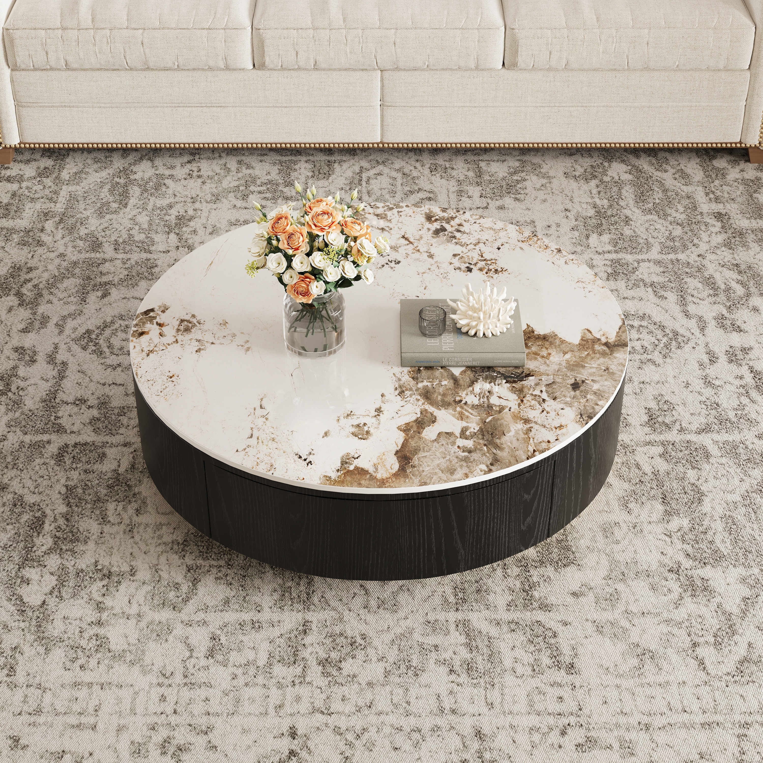 35" Modern Faux Marble Round Coffee Table, White Glossy Sintered Stone Tabletop
