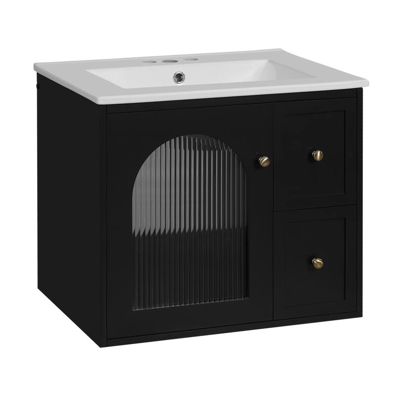 24" Wall-Mounted Bathroom Vanity with Ceramic Sink Combo, Floating Bathroom Storage Cabinet with Glass Doors & 2 Drawers