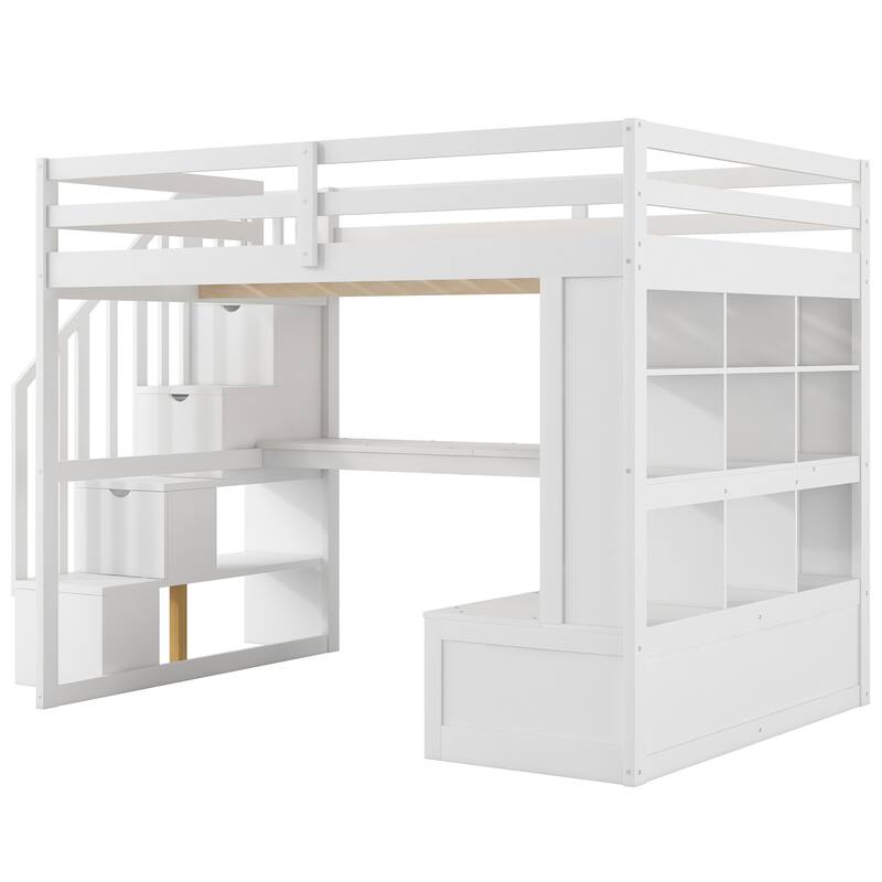 Full Size Loft Bed with Desk, Shelves, Drawers, and Storage Staircase in White