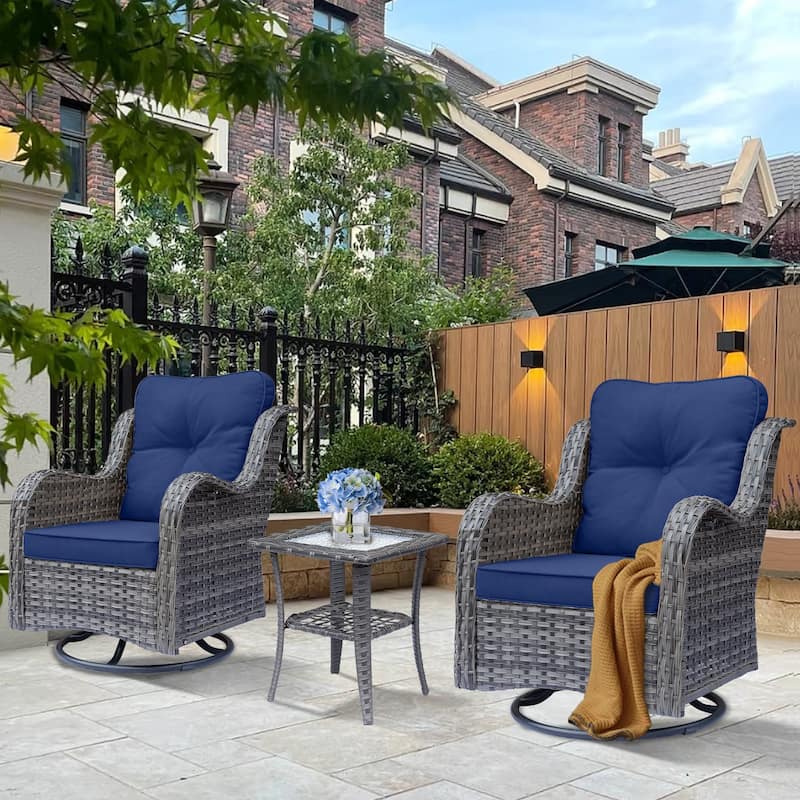 3 Piece Outdoor Patio Conversation Wicker Furniture Swivel Chairs Sets - Navy Blue-Gray Rattan