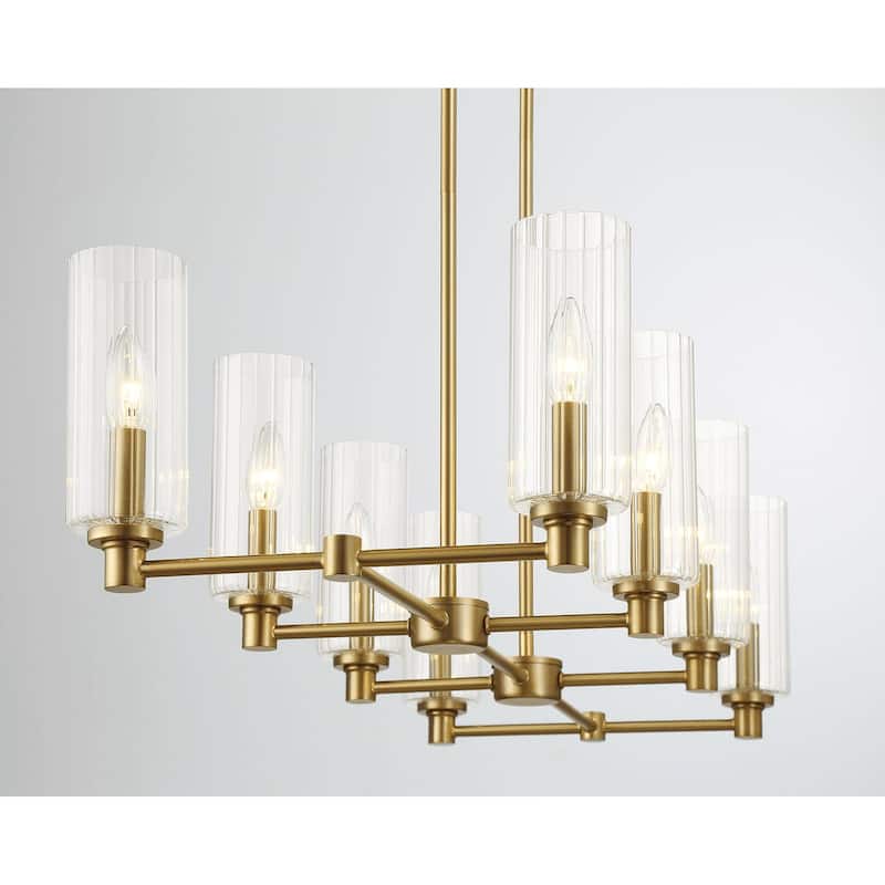Eight Lights Island With Clear Ribbed Glass Pendant Lamp - Satin Brass