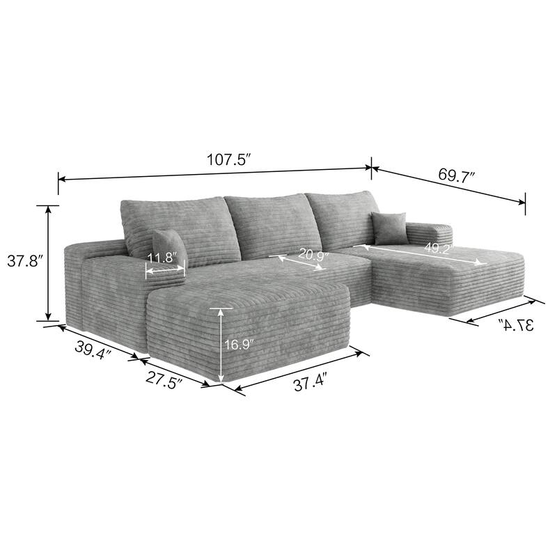 Modern Corduroy Compression Chaise Couch, U-shaped Sectional Sofa with Ottoman and Pillows Backrest for Living Room