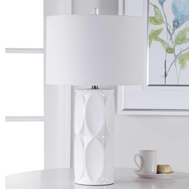 Geometric Ceramic Table Lamp with White Drum Shade - 26" - White