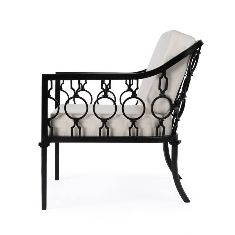 26" Black Metal Outdoor Arm Chair with Ivory Cushion
