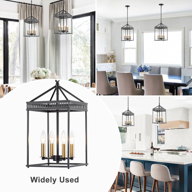 4-Light Industrial Black Square Cage Pendant Chandelier for Kitchen - Dia.9.84-in