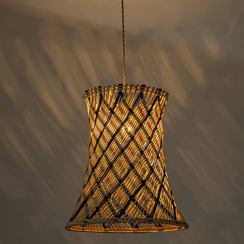 Yori 1-Light Rattan Hourglass Pendant, Coastal Boho - Handwoven - 14" Wide