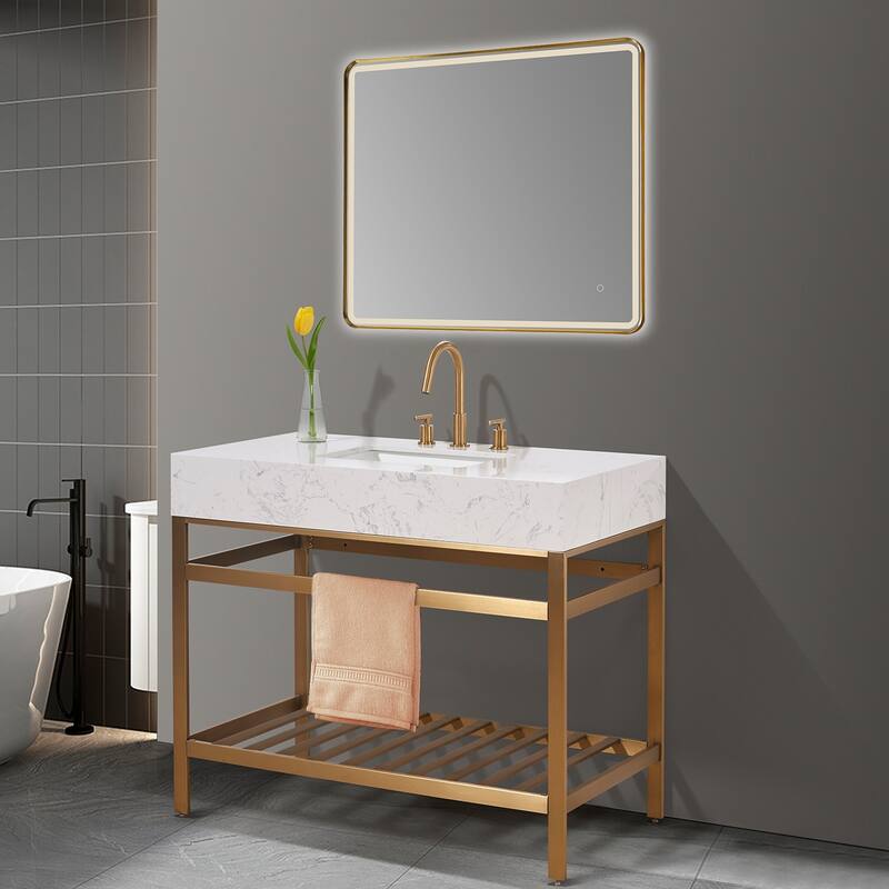 Altair Merano Stainless Steel Vanity Console with Stone Countertop and Mirror
