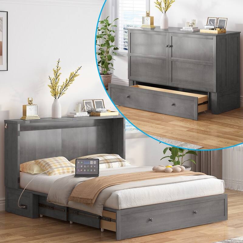 Mixoy Queen Horizontal Murphy Chest Bed with Mattress,Charging Station - Grey - Queen