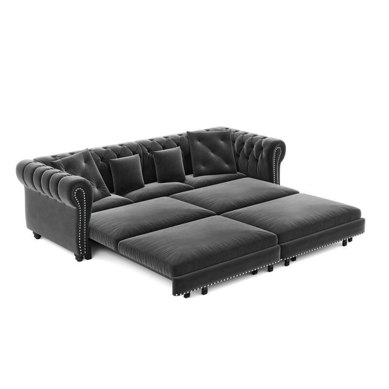 3-in-1 Convertible Pull-Out Sofa Bed w/ Movable Ottoman & 4 Pillows, Velvet Upholstered Rolled Arms Sleeper Couch for Apartment