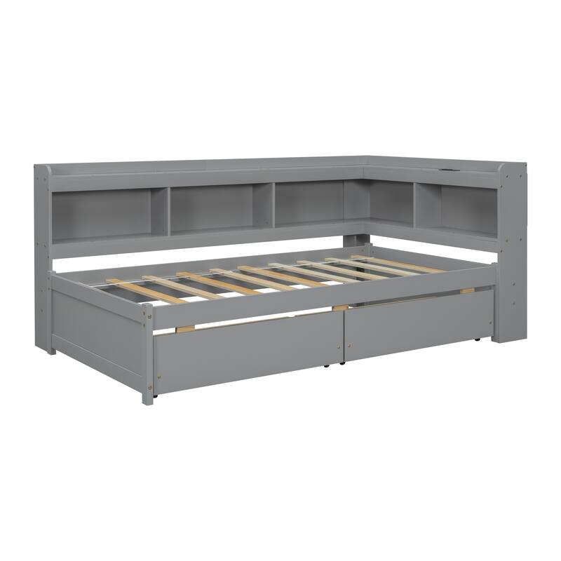 Twin Size Bookcass Bed w/ Power Outlets, USB Ports,2 Drawers,L-shaped