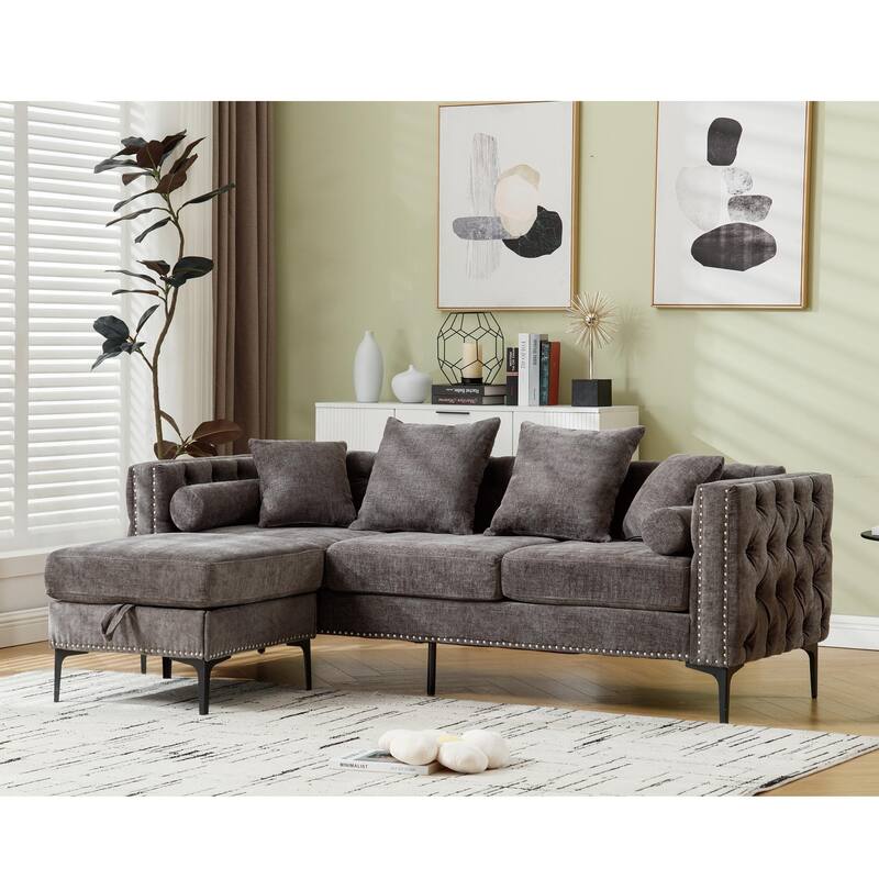 85'' L-Shaped 4 Seater Sectional Sofa with Convertible Storage Ottoman, Pillows, Solid Wood Frame, Modern Tufted Design