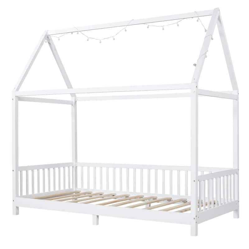 Solid Wood House Bed with Guardrail, LED, and Roof