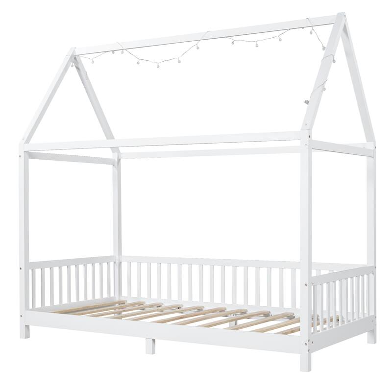 Wood House Bed With Guardrail And Led, White