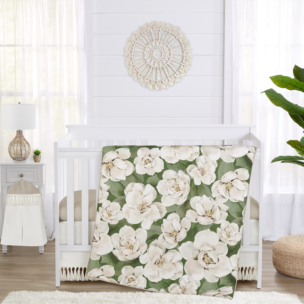 Sweet Jojo Designs Boho Flower Floral Girl Nursery Crib Bedding Set Ivory Shabby Chic Bohemian Watercolor Garden Modern Fringe