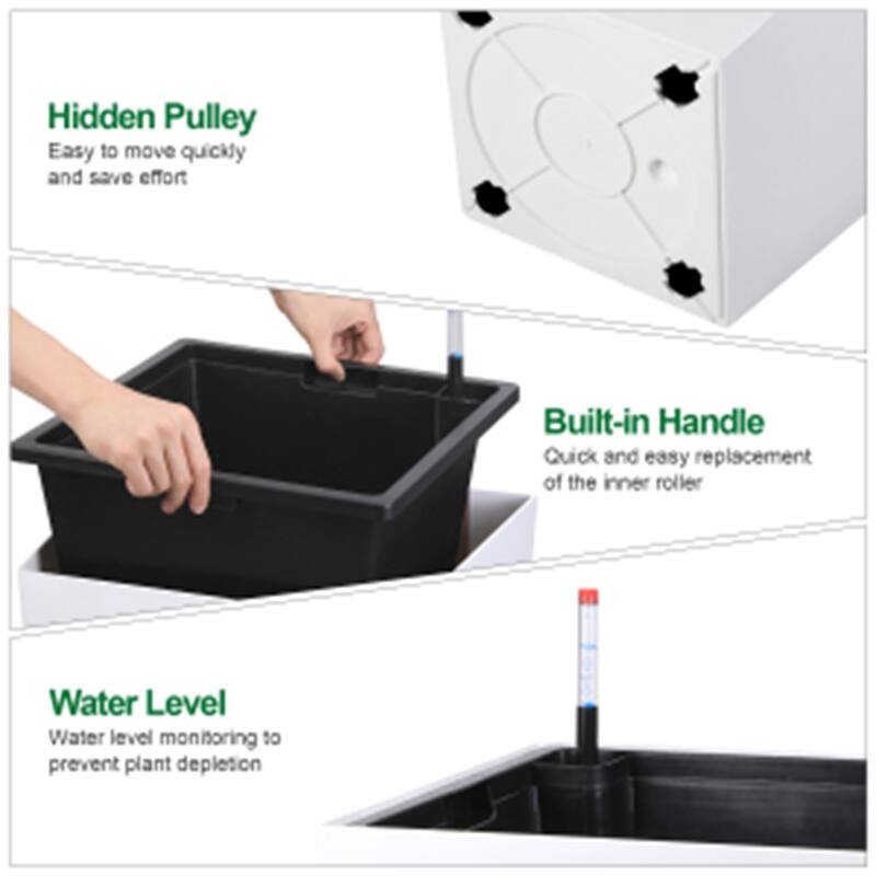 2-Pack 30Inch Tall Rectangular Planters with Drainage Holes Water Level Monitor and Wheels Black