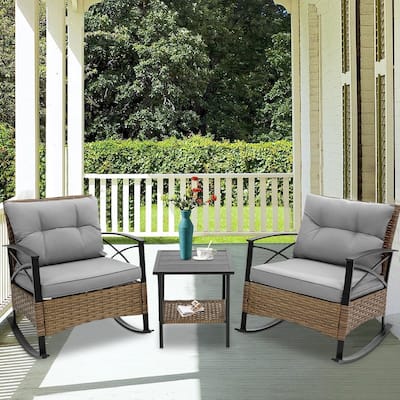 3 Pieces Patio Rocking Rattan Set, Outdoor Bistro Set with Cushions - 1 Table,2 Rocking chairs