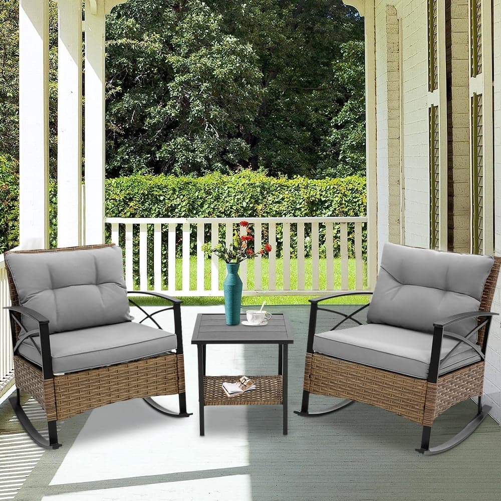 3 Pieces Patio Rocking Rattan Set, Outdoor Bistro Set with Cushions - 1 Table,2 Rocking chairs