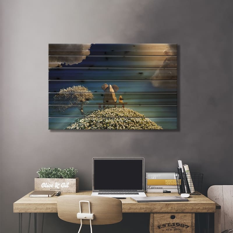 Elephant And Dog Sitting On A Spring Planet Print On Wood by Mike Kiev - Multi-Color