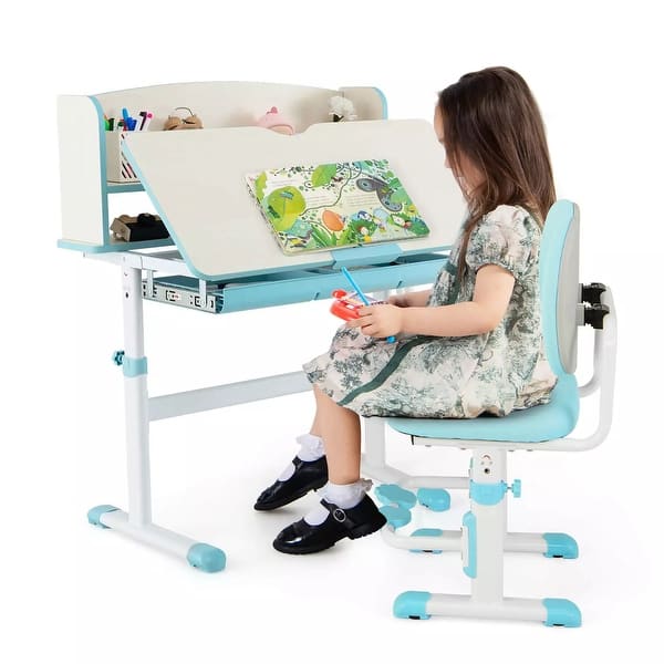 slide 2 of 3, Gymax Kids Desk & Chair Set Height Adjustable Children School Study Blue