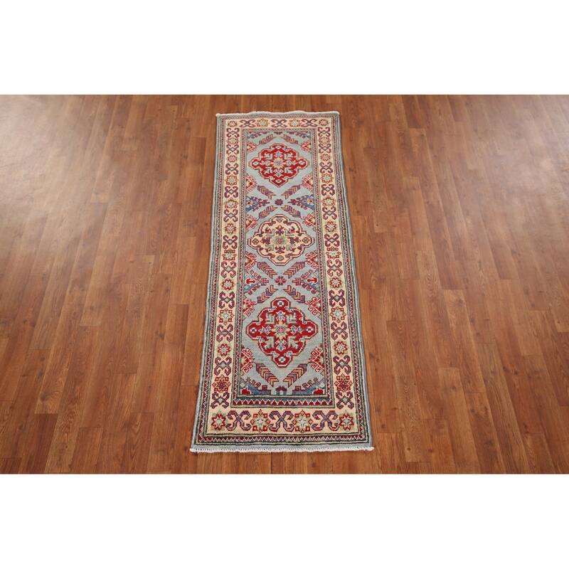 Light Blue Kazak Oriental Runner Rug Handmade Wool Carpet - 2'1" x 5'10"