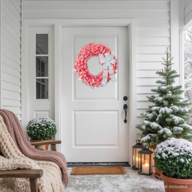 Pre-Lit Flocked Pink Artificial Christmas Wreath 24-Inch, Clear Lights