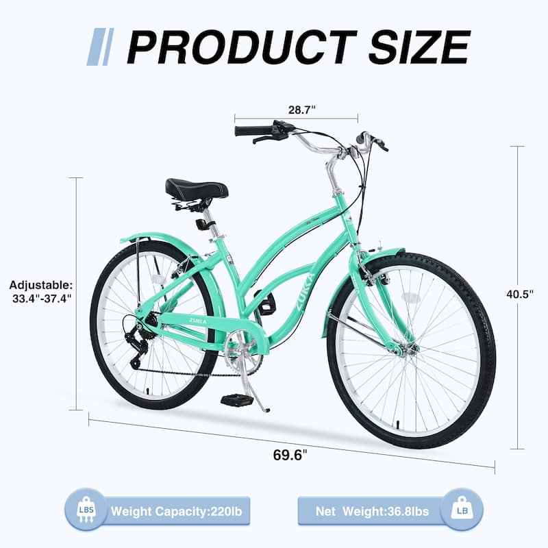 7 Speed Comfort Bicycles, City Road Commuter Bicycles 26 Inch Beach Cruiser Bike w/Dual Brakes, Buffer Stability for Boys, Girls