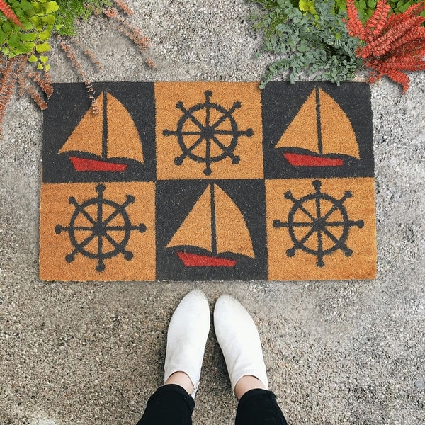 GAURI KOHLI Natural Coir Doormat Nautical Wheel Sailboat (30" X 18"). Opens flyout.