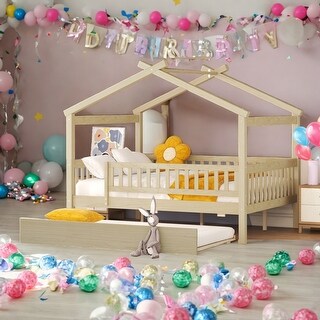 Full Size Wooden House Bed With Twin Size Trundle for Home