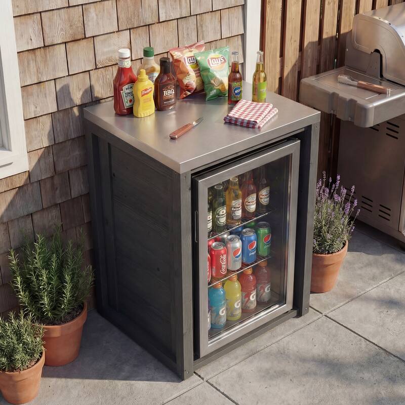 Modular Outdoor Kitchen Island Set, 100% Solid Wood BBQ Cabinet , Patio Kitchen Bar Table - 27.6"W(Black Wood)