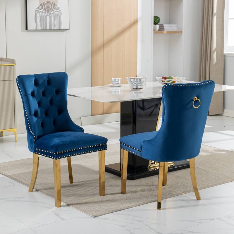 High-end Tufted Solid Wood Contemporary Velvet Upholstered Dining Chair with Golden Stainless Steel Plating Legs
