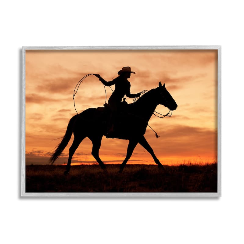 Stupell Cowgirl Sunset Silhouette Southwestern Horse Field Landscape Framed Wall Art - 14 x 11 - Grey