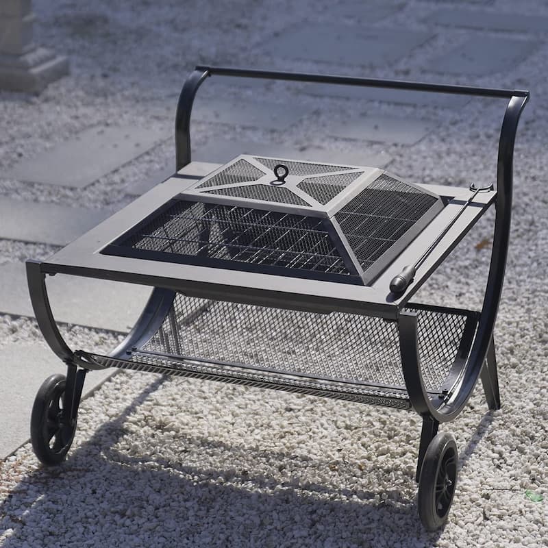 Patio Fire Pits Outdoor with Wheels and 27" Steel Square Firepit BBQ Grill - Black