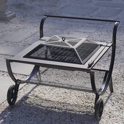 Patio Fire Pits Outdoor with Wheels and 27" Steel Square Firepit BBQ Grill