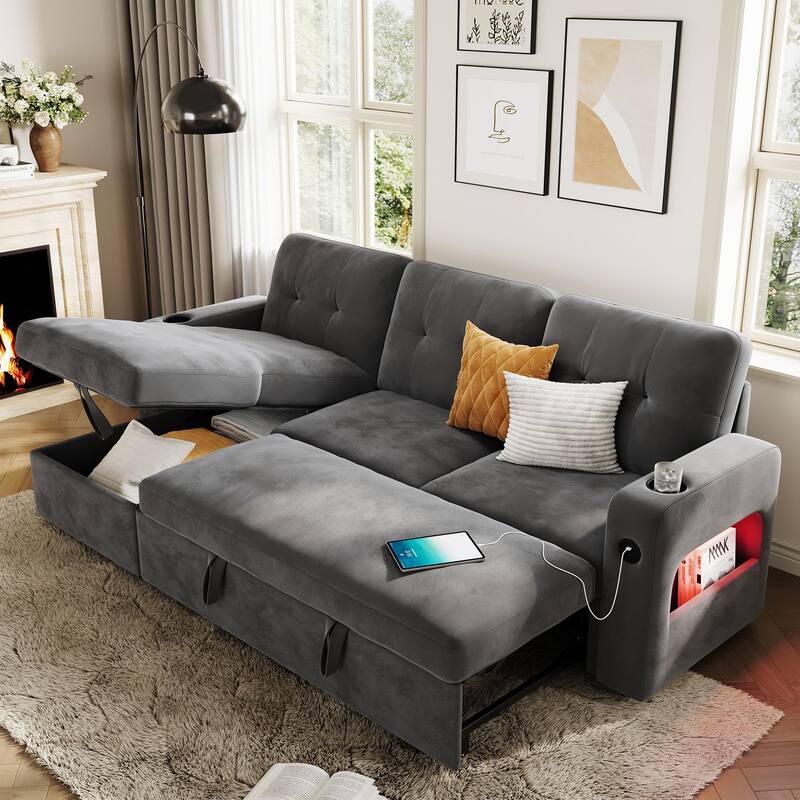 84 Inch Sleeper Sofa Couch, L-Shaped Sofa, Convertible Pull Out Sofa Bed with Storage, Charging Station, Led Lights
