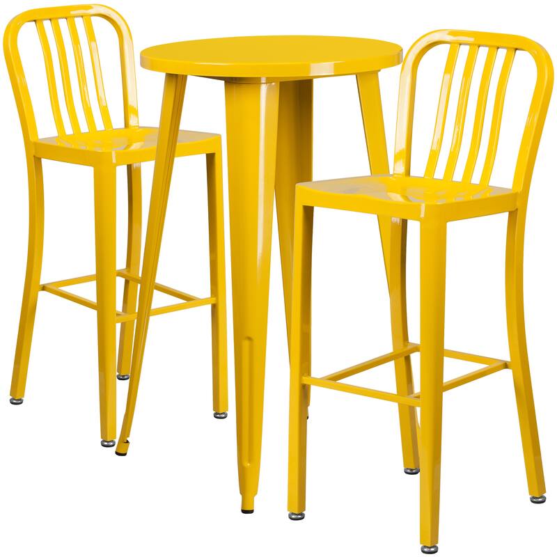 24'' Round Metal Indoor-Outdoor Bar Table Set with 2 Vertical Slat Back Stools - 24"W x 24"D x 41"H