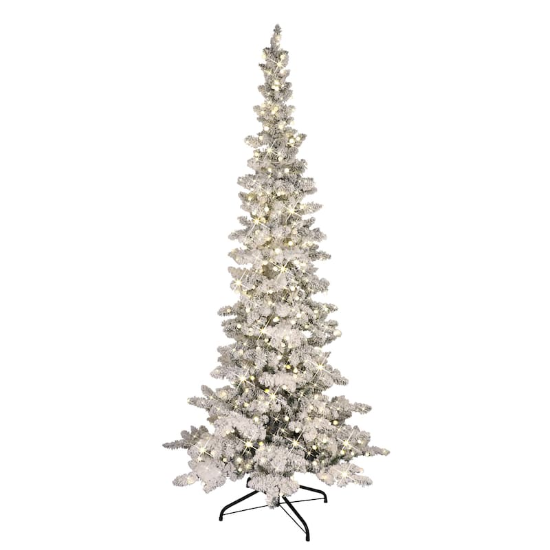 7.5' Flocked Whistler Pine Tree Sure-Lit Pole White LED Globe Lights - 7.5 Foot