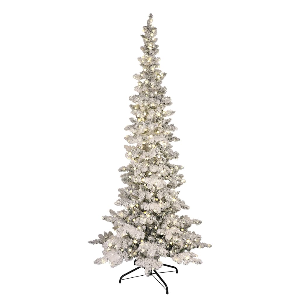 7.5' Flocked Whistler Pine Tree Sure-Lit Pole White LED Globe Lights - 7.5 Foot